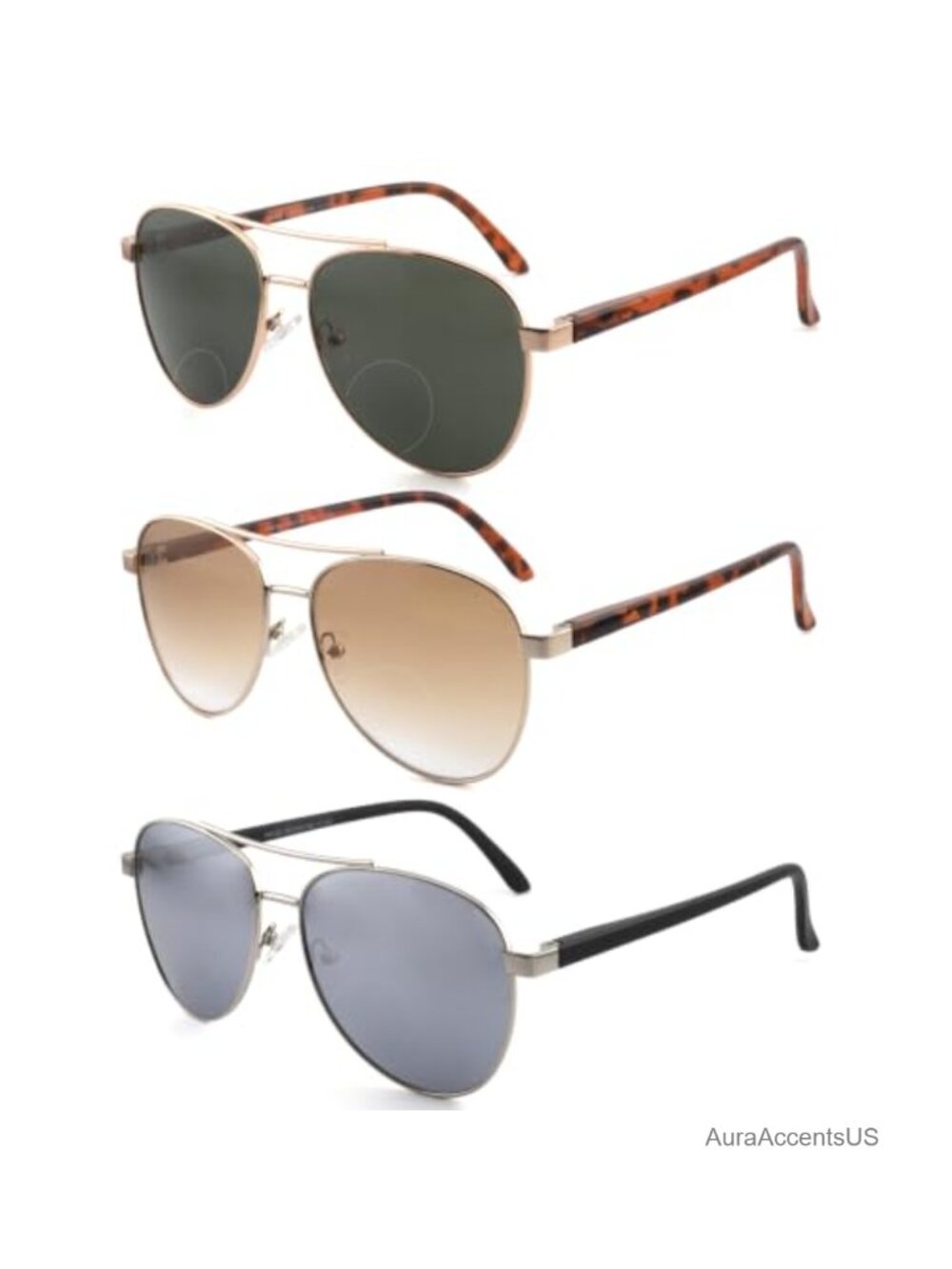 3 Pack Bifocal Reading Sunglasses UV400 Aviator Metal Frame Readers
